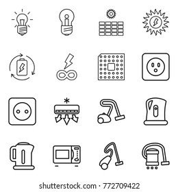 Thin line icon set : bulb, sun power, battery charge, infinity, cpu, socket, air conditioning, vacuum cleaner, kettle, microwave oven