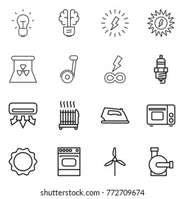 Thin line icon set : bulb, brain, lightning, sun power, nuclear, segway, infinity, spark plug, air conditioning, radiator, iron, grill oven, induction, windmill, water pump