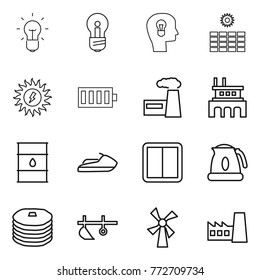 Thin line icon set : bulb, head, sun power, battery, factory, barrel, jet ski, switch, kettle, pancakes, plow, windmill