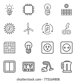 Thin line icon set : bulb, chip, sun power, windmill, battery charge, infinity, cpu, socket, switch, tv, vacuum cleaner, kettle