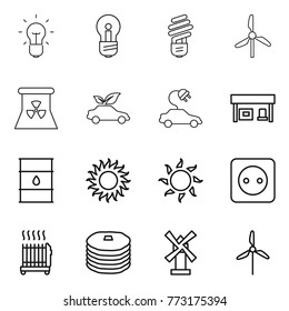 Thin line icon set : bulb, windmill, nuclear power, eco car, electric, gas station, barrel, sun, socket, radiator, pancakes