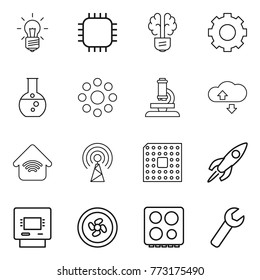 Thin line icon set : bulb, chip, brain, gear, round flask, around, microscope, cloude service, wireless home, antenna, cpu, rocket, atm, cooler fan, hob, wrench