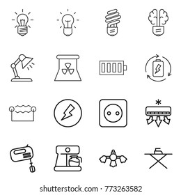 Thin line icon set : bulb, brain, table lamp, nuclear power, battery, charge, electrostatic, electricity, socket, air conditioning, mixer, coffee maker, hard reach place cleaning, iron board