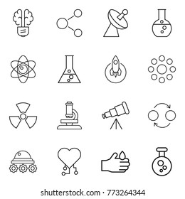 Thin line icon set : bulb brain, molecule, satellite antenna, round flask, atom, rocket, around, nuclear, microscope, telescope, quantum bond, lunar rover, cardio chip, acid, chemical