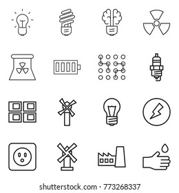 Thin line icon set : bulb, brain, nuclear, power, battery, chip, spark plug, panel house, windmill, electricity, socket, factory, hand drop