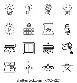 Thin line icon set : bulb, brain, lightning, sun power, nuclear, spark plug, air conditioning, switch, mixer, coffee maker, windmill, hard reach place cleaning, iron board