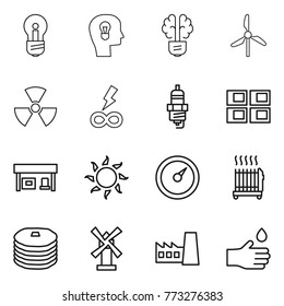 Thin line icon set : bulb, head, brain, windmill, nuclear, infinity power, spark plug, panel house, gas station, sun, barometer, radiator, pancakes, factory, hand drop