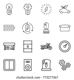 Thin line icon set : bulb, brain, lightning, eco car, battery, charge, crystall memory, electrostatic, gas station, barrel, motorcycle, barometer, power switch, speaker, kettle, gears