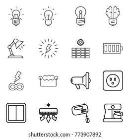 Thin line icon set : bulb, brain, table lamp, lightning, sun power, battery, infinity, electrostatic, megafon, socket, switch, air conditioning, mixer, coffee maker