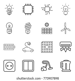 Thin line icon set : bulb, chip, sun power, windmill, battery, electric car, cpu, air conditioning, socket, switch, vacuum cleaner, kettle