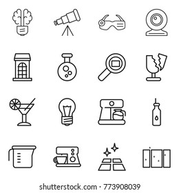 Thin line icon set : bulb brain, telescope, smart glasses, web cam, building, chemical, cargo search, broken, cocktail, coffee maker, vegetable oil, measuring cup, clean floor, window