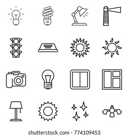 Thin line icon set : bulb, table lamp, lighthouse, traffic light, taxi, sun, camera, power switch, window, floor, shining, hard reach place cleaning