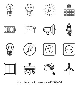 Thin line icon set : bulb, brain, lightning, sun power, battery, electrostatic, megafon, spark plug, electricity, socket, switch, air conditioning, mixer, windmill