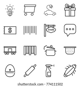 Thin line icon set : bulb, delivery, electric car, gift, receipt, bar code, store signboard, sms, railroad shipping, steam pan, colander, egg timer, rolling pin, sprayer, bug