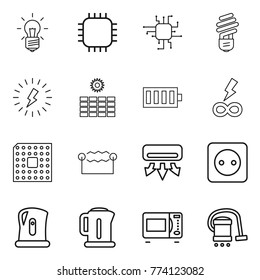 Thin line icon set : bulb, chip, lightning, sun power, battery, infinity, cpu, electrostatic, air conditioning, socket, kettle, microwave oven, vacuum cleaner