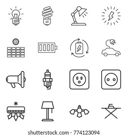 Thin line icon set : bulb, table lamp, lightning, sun power, battery, charge, electric car, megafon, spark plug, socket, air conditioning, floor, hard reach place cleaning, iron board