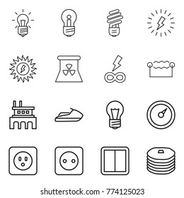 Thin line icon set : bulb, lightning, sun power, nuclear, infinity, electrostatic, factory, jet ski, barometer, socket, switch, pancakes