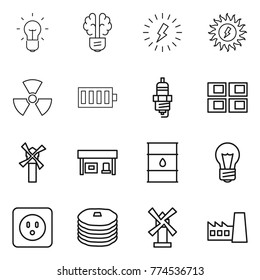 Thin line icon set : bulb, brain, lightning, sun power, nuclear, battery, spark plug, panel house, windmill, gas station, barrel, socket, pancakes, factory