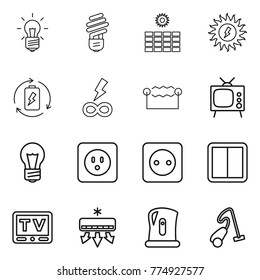 Thin line icon set : bulb, sun power, battery charge, infinity, electrostatic, tv, socket, switch, air conditioning, kettle, vacuum cleaner
