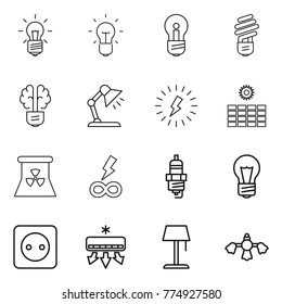 Thin line icon set : bulb, brain, table lamp, lightning, sun power, nuclear, infinity, spark plug, socket, air conditioning, floor, hard reach place cleaning