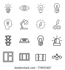 Thin line icon set : bulb, eye, head, table lamp, lightning, infinity power, traffic light, taxi, alarm, window, clean, hard reach place cleaning