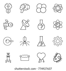 Thin line icon set : bulb brain, atom core, satellite, antenna, round flask, cell corection, virus, around, dna modify, electrostatic, cardio chip, microb