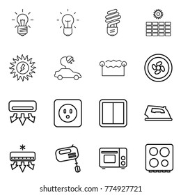 Thin line icon set : bulb, sun power, electric car, electrostatic, cooler fan, air conditioning, socket, switch, iron, mixer, grill oven, hob