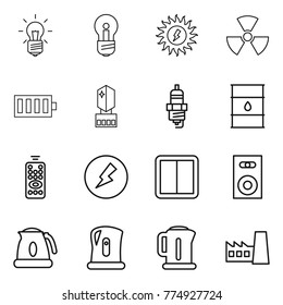 Thin line icon set : bulb, sun power, nuclear, battery, crystall memory, spark plug, barrel, remote control, electricity, switch, speaker, kettle, factory