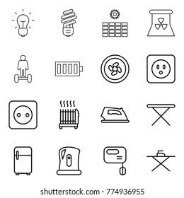 Thin line icon set : bulb, sun power, nuclear, hoverboard, battery, cooler fan, socket, radiator, iron, board, fridge, kettle, mixer
