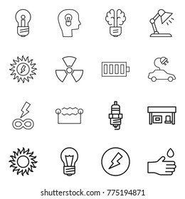 Thin line icon set : bulb, head, brain, table lamp, sun power, nuclear, battery, electric car, infinity, electrostatic, spark plug, gas station, electricity, hand drop