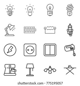 Thin line icon set : bulb, table lamp, battery, electrostatic, spark plug, electricity, power socket, switch, mixer, coffee maker, floor, hard reach place cleaning, iron board