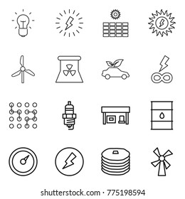 Thin line icon set : bulb, lightning, sun power, windmill, nuclear, eco car, infinity, chip, spark plug, gas station, barrel, barometer, electricity, pancakes
