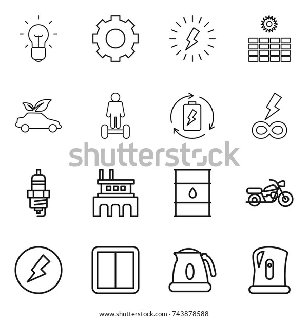 thin line icon\
set : bulb, gear, lightning, sun power, eco car, hoverboard,\
battery charge, infinity, spark plug, factory, barrel, motorcycle,\
electricity, switch,\
kettle