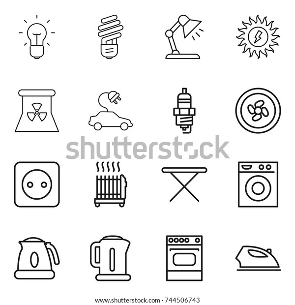 thin line icon set : bulb, table\
lamp, sun power, nuclear, electric car, spark plug, cooler fan,\
socket, radiator, iron board, washing machine, kettle,\
oven