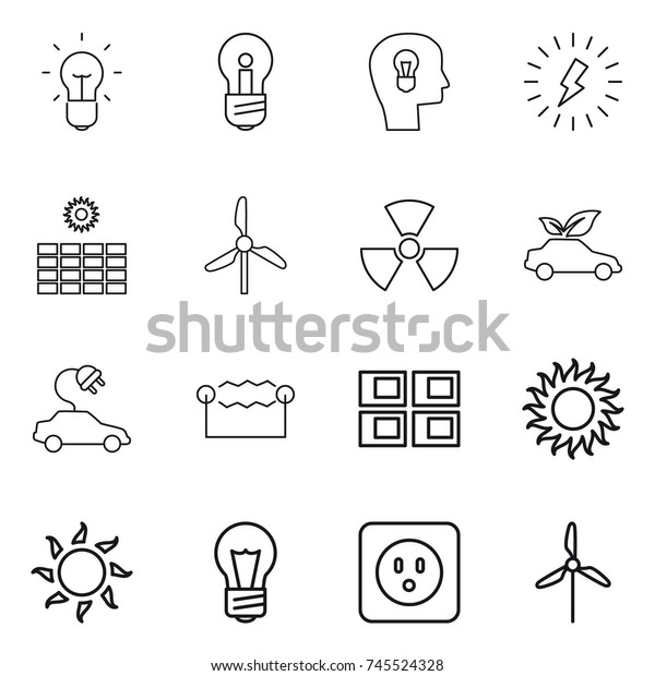 thin line icon set : bulb, head, lightning, sun\
power, windmill, nuclear, eco car, electric, electrostatic, panel\
house, socket