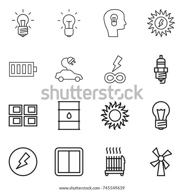 thin line icon set : bulb, head, sun\
power, battery, electric car, infinity, spark plug, panel house,\
barrel, electricity, switch, radiator,\
windmill