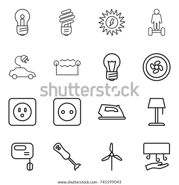 thin line icon set : bulb,\
sun power, hoverboard, electric car, electrostatic, cooler fan,\
socket, iron, floor lamp, mixer, blender, windmill, hand\
dryer