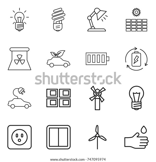 thin line icon set : bulb, table lamp, sun\
power, nuclear, eco car, battery, charge, electric, panel house,\
windmill, socket, switch, hand\
drop