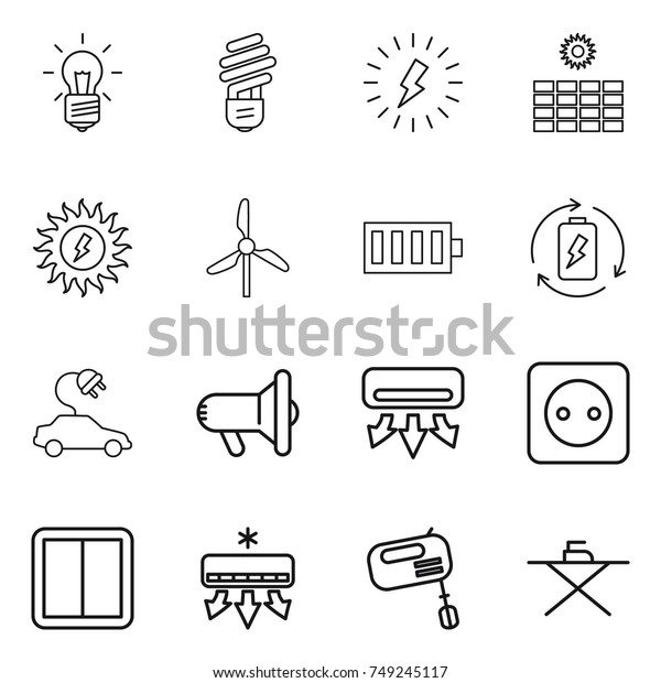 thin line icon set : bulb, lightning,\
sun power, windmill, battery, charge, electric car, megafon, air\
conditioning, socket, switch, mixer, iron\
board