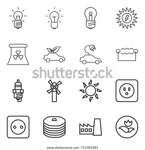 thin line icon set : bulb, sun power, nuclear,\
eco car, electric, electrostatic, spark plug, windmill, socket,\
pancakes, factory,\
ecology