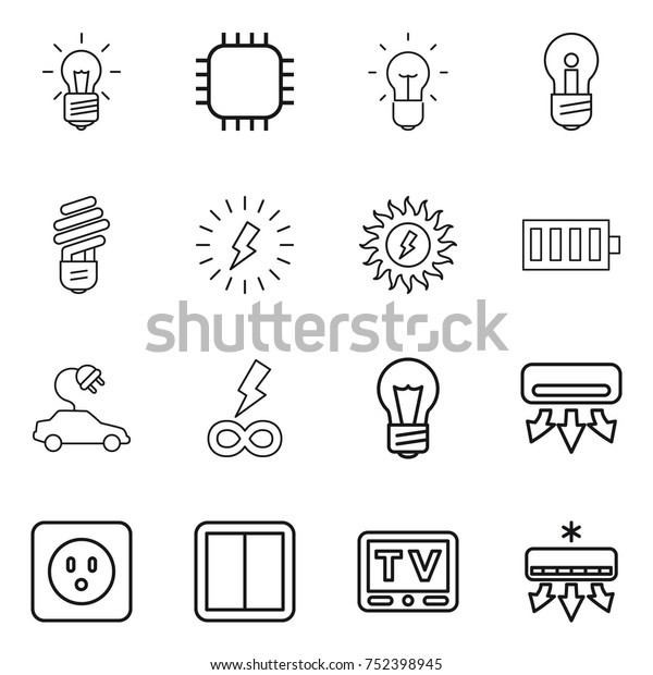 thin\
line icon set : bulb, chip, lightning, sun power, battery, electric\
car, infinity, air conditioning, socket, switch,\
tv
