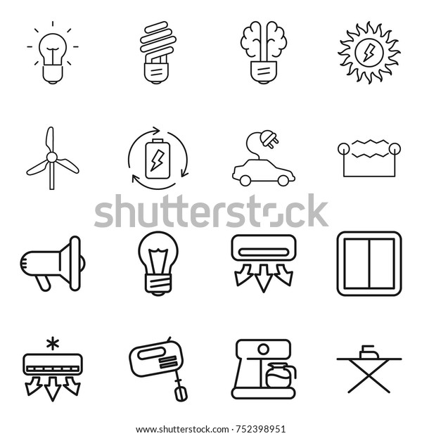 thin line icon set :\
bulb, brain, sun power, windmill, battery charge, electric car,\
electrostatic, megafon, air conditioning, switch, mixer, coffee\
maker, iron board
