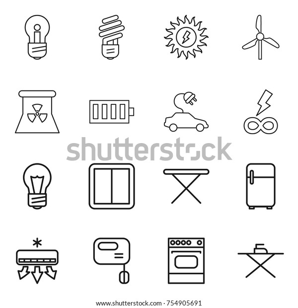 thin line icon set : bulb, sun\
power, windmill, nuclear, battery, electric car, infinity, switch,\
iron board, fridge, air conditioning, mixer,\
oven