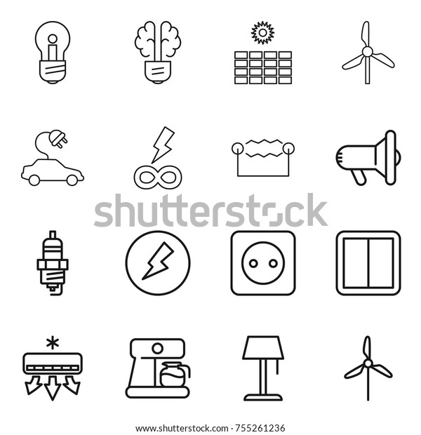 thin\
line icon set : bulb, brain, sun power, windmill, electric car,\
infinity, electrostatic, megafon, spark plug, electricity, socket,\
switch, air conditioning, coffee maker, floor\
lamp