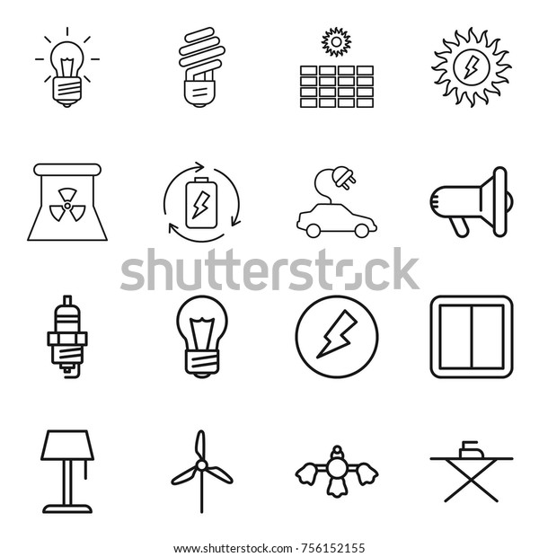 Thin line\
icon set : bulb, sun power, nuclear, battery charge, electric car,\
megafon, spark plug, electricity, switch, floor lamp, windmill,\
hard reach place cleaning, iron\
board