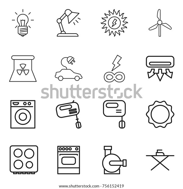 Thin line\
icon set : bulb, table lamp, sun power, windmill, nuclear, electric\
car, infinity, air conditioning, washing machine, mixer, induction\
oven, hob, water pump, iron\
board