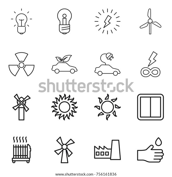 Thin line icon set : bulb, lightning, windmill,\
nuclear, eco car, electric, infinity power, sun, switch, radiator,\
factory, hand drop