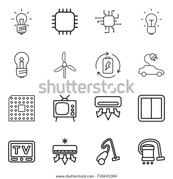 Thin line icon set : bulb, chip, windmill,\
battery charge, electric car, cpu, tv, air conditioning, power\
switch, vacuum cleaner