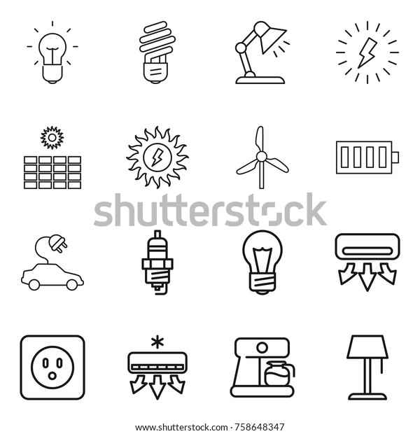 Thin line icon set : bulb, table lamp,\
lightning, sun power, windmill, battery, electric car, spark plug,\
air conditioning, socket, coffee maker,\
floor