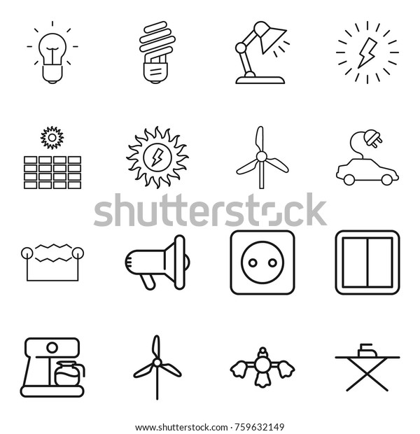 Thin line icon set\
: bulb, table lamp, lightning, sun power, windmill, electric car,\
electrostatic, megafon, socket, switch, coffee maker, hard reach\
place cleaning, iron\
board